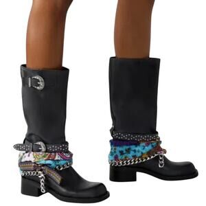 Steve Madden Rebel Black Leather Moto Boots w/ Buckle & Bandana Accents Size 7